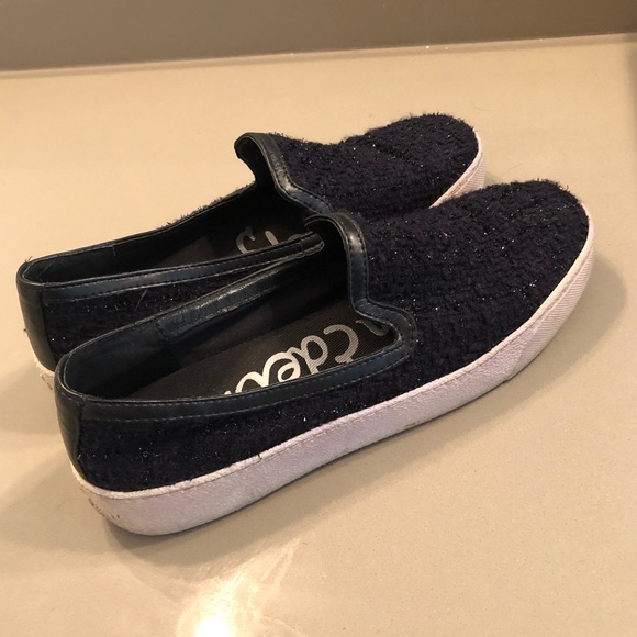 Navy Blue Tweed Sam Edelman Slip Ons - Picture 2 of 4